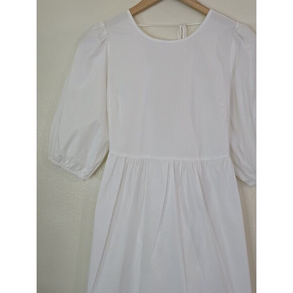 WAYF White Mini Dress Womens Size Small Puff Sleeves Open Tie Back Cotton POCKET - Picture 5 of 13